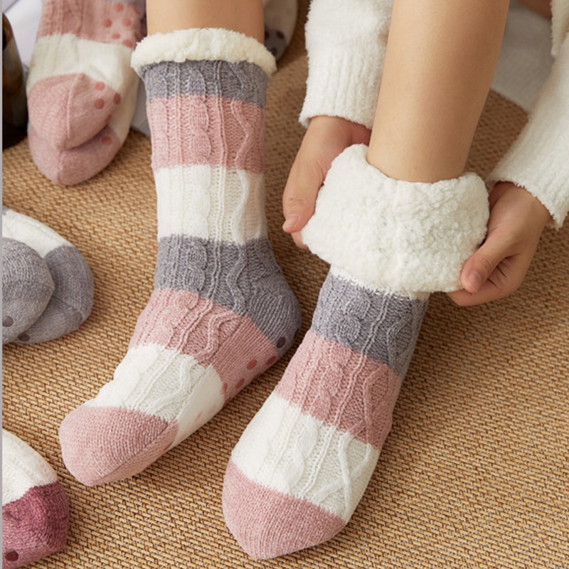 Winter Cotton Socks Plus Thicken Comfortable Stripes Women Socks Mid-calf Sleep Warm Stocking Xmas Gift Home Floor Carpet Socks