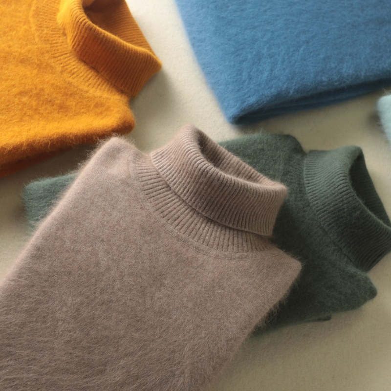 Men's100% pure Mink Cashmere Sweaters Soft Warm Turtleneck Casual Pullovers Winter Long Sleeve High Quanlity Tops 17Colors 