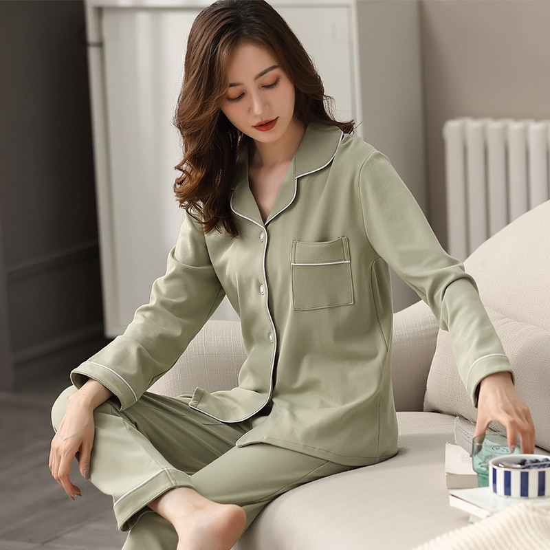 Women 100% Cotton Pajamas For Women Spring Green Sleepwear Ladies Dormir Pijamas Mujer Bedroom Home Clothes Pure Cotton Pyjamas