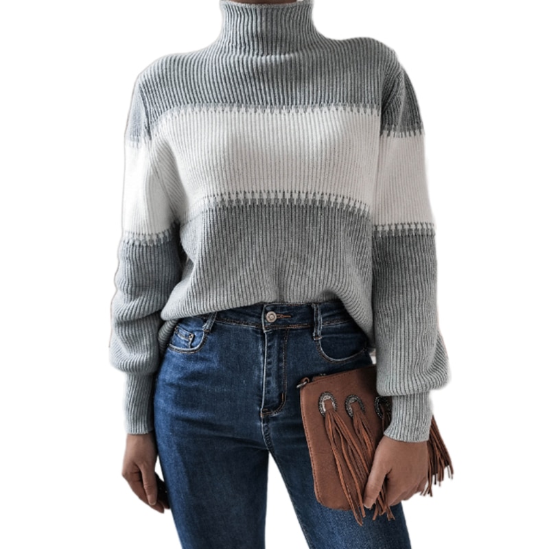 Fanco 2020 Fashion Casual Women Sweater Knitted PulloversTurtleneck Lantern Long Sleeve Female Loose Autumn and Winter Patchwork