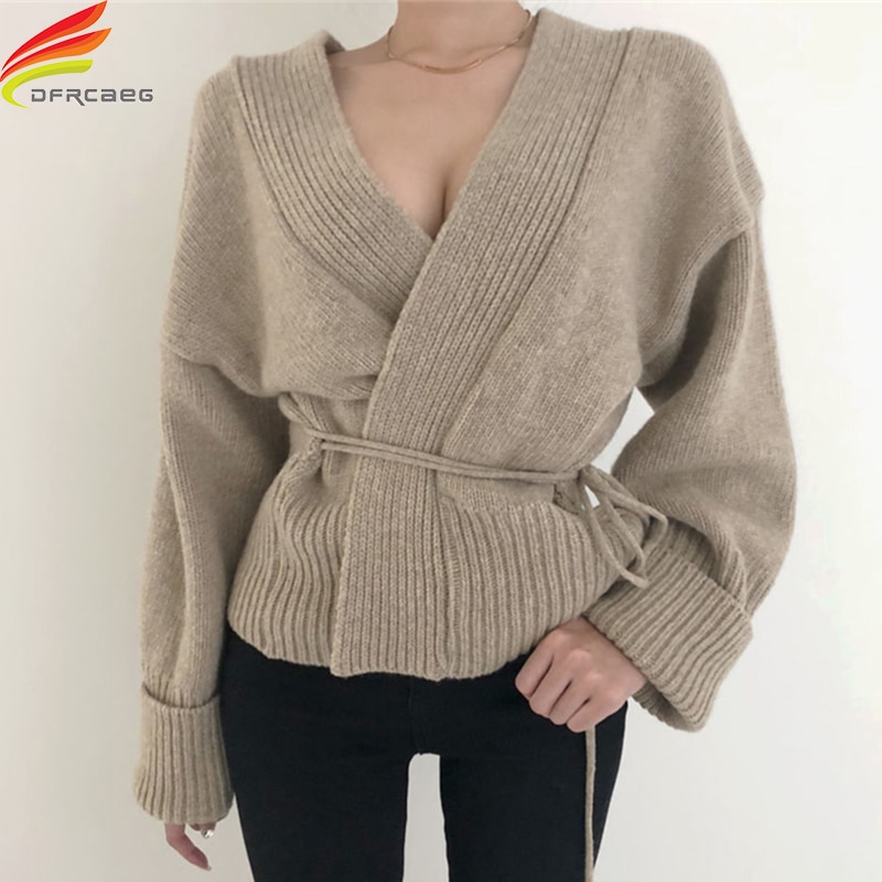 New 2020 Winter Clothes Women Knit Sweater Lace Up Deep V Neck Minimalist Sweaters And Pullovers Thick Warm Jumpers Outwear Tops