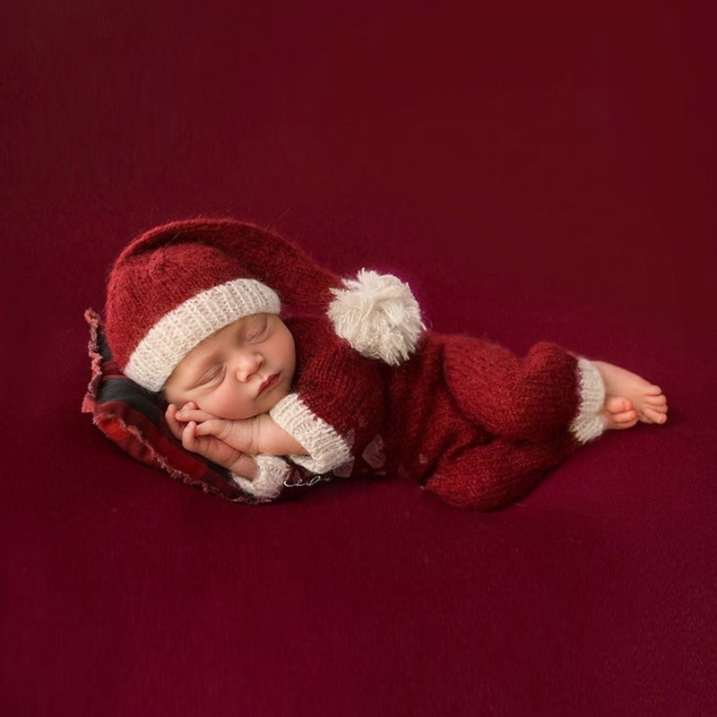 2Pcs Infants Photo Shooting Xmas Costume Baby Infants Hat Romper Jumpsuit Set Christmas Theme Newborn Photography Props