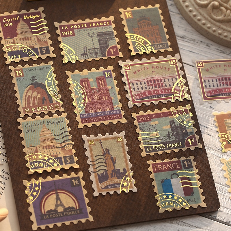 40Pcs/pack Vintage Retro Bronzing Stamping Washi Stickers Travel Plant Stickers DIY Bullet Journaling Deco Stationery Stickers