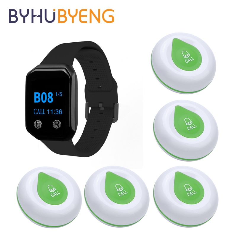 BYHUBYENG Restaurant Pager Wireless Waiter System FM 433MHz Watch Receiver Call Button Transmitter Relogio Digital