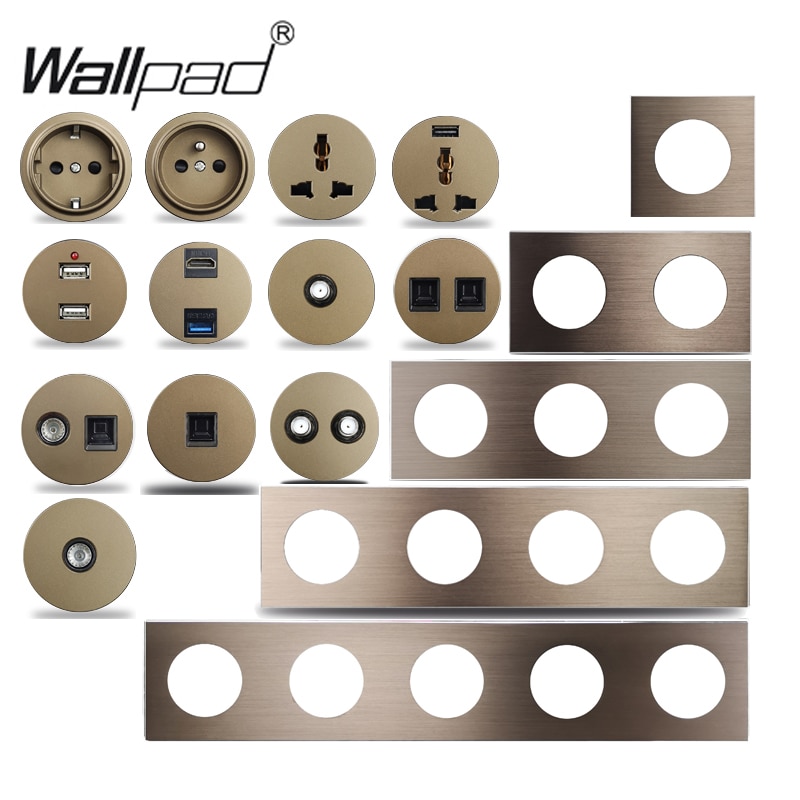 Wallpad L6 EU French Wall Socket USB Charger RJ45 CAT6 HDMI-compatible Audio Modules Brown Brushed Aluminum Panel DIY