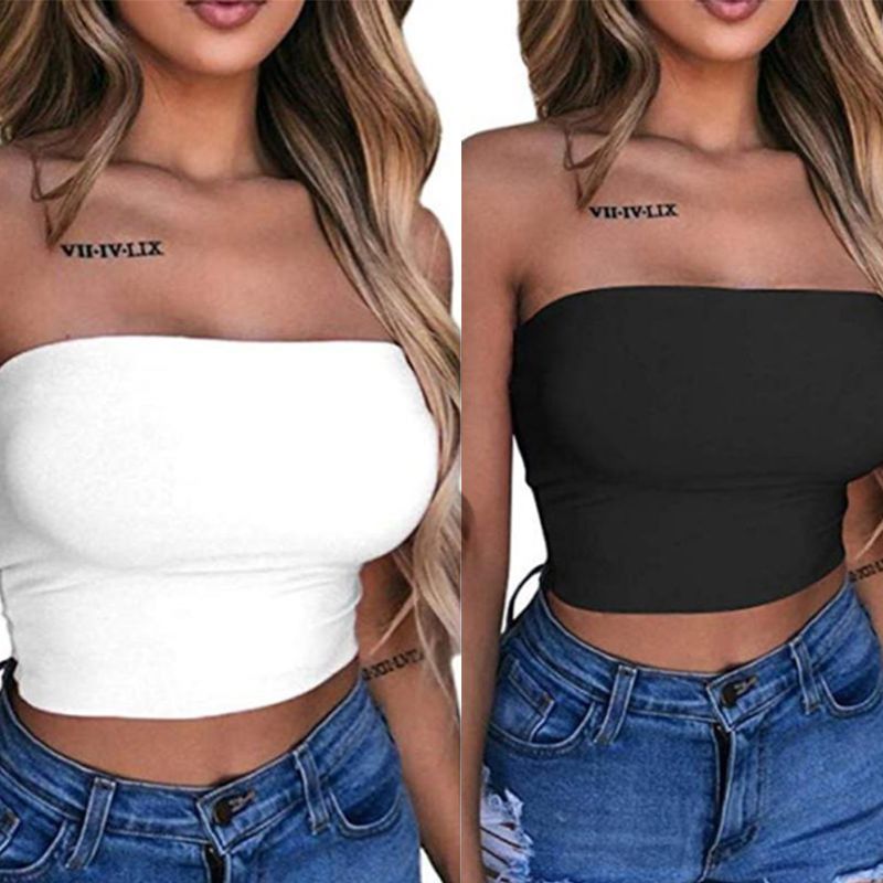 Womens Sexy Strapless Off Shoulder Crop Tube Top Solid Color Stretchy Bandeau Seamless Casual Basic Breast Wrap No-Padded Bra