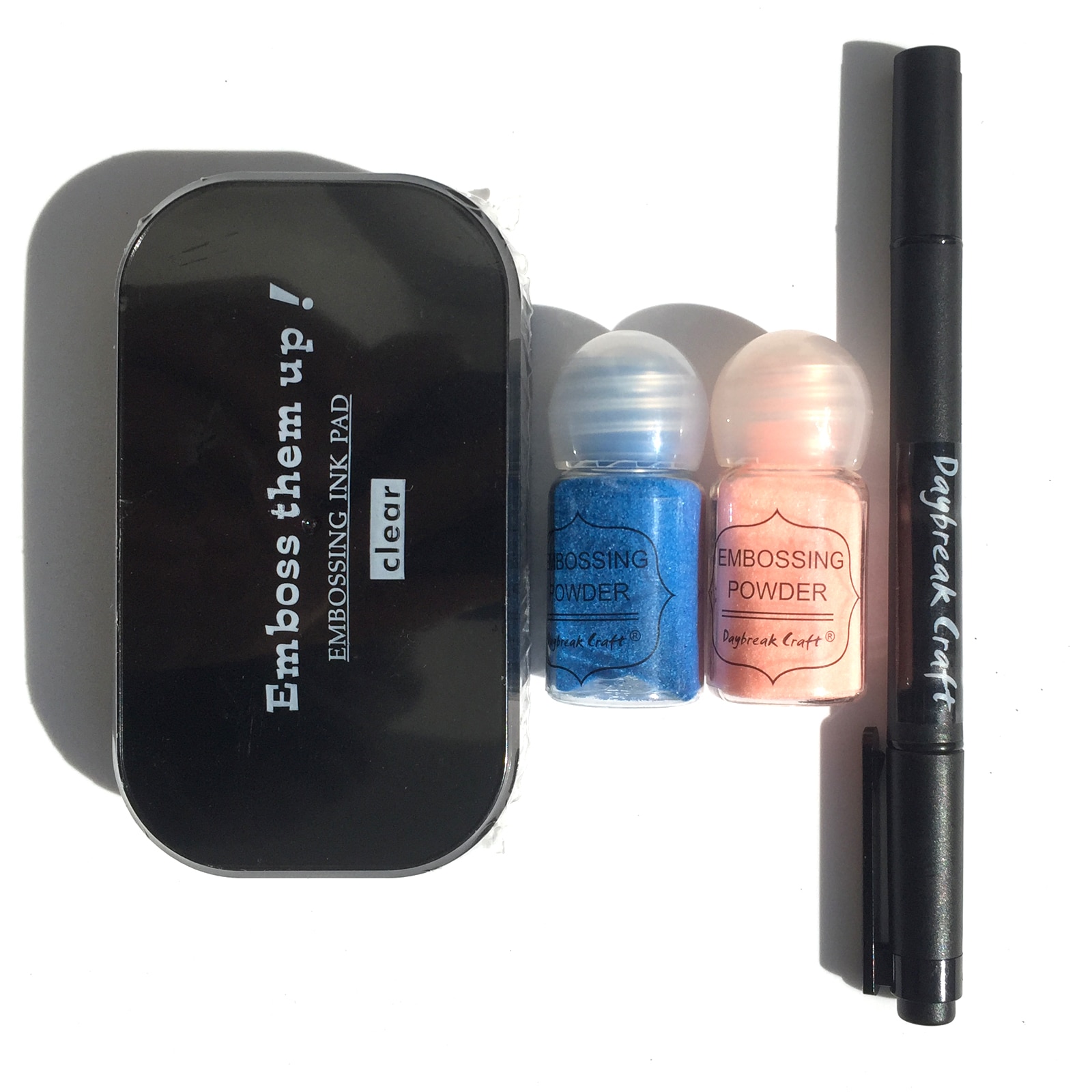 Crystal Pink and Blue embossing powders Clear sticky ink pad and Pen
