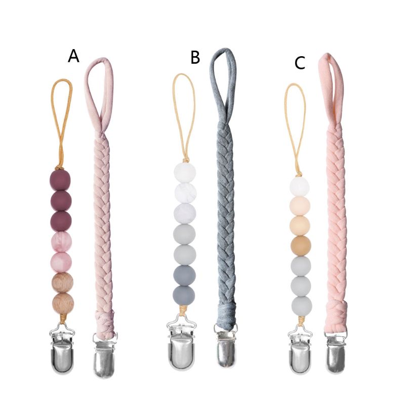 2 Pack Pacifier Clips Universal Sofy Braided Pacifier Holder & Silicone Beaded Binky Holder Teether Toy Leash Baby Shower Gi