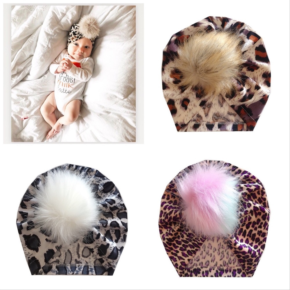 Yundfly Fashion Baby Girls Leopard Print Knotted Hat with Soft Fur Hairball Newborn Elastic Vevlet Turban Cap Gift