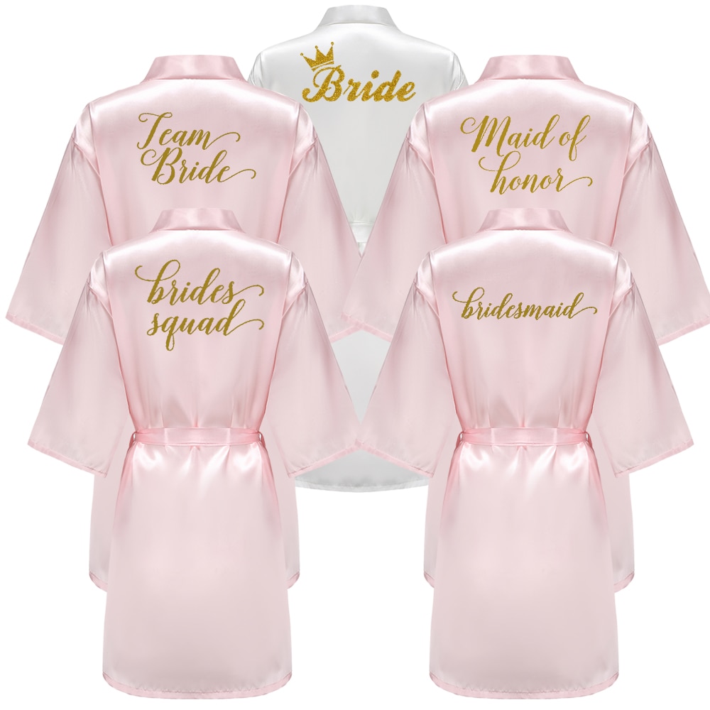 Wedding Party Bridesmaid Maid of Honor Robe With Gold Writing Letter Women Lady Pink Satin Bathrobe Kimono S-4XL