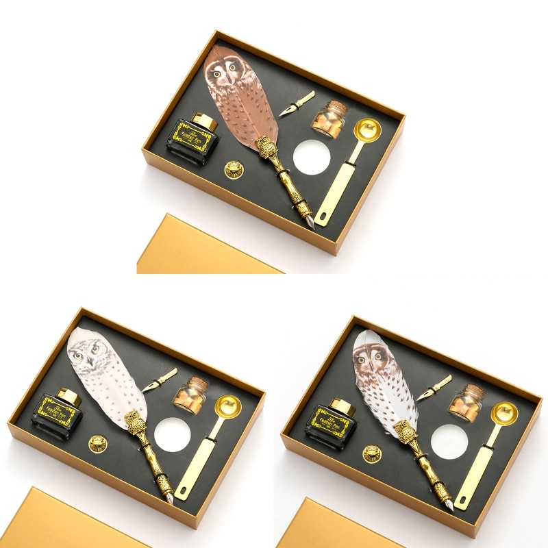 Retro Calligraphy Quill Owl Feather Dip Pen with Nib Wax Seal Stamp Gift Box Stationery