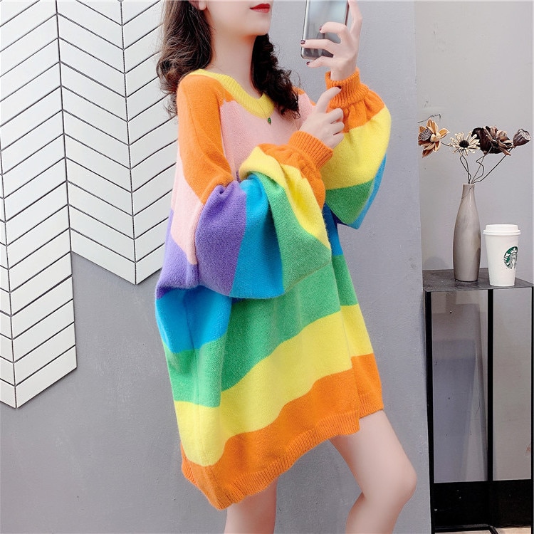 2020 autumn new loose Korean mid - length round neck pullover sweater rainbow stripe long - sleeved top for outer wear