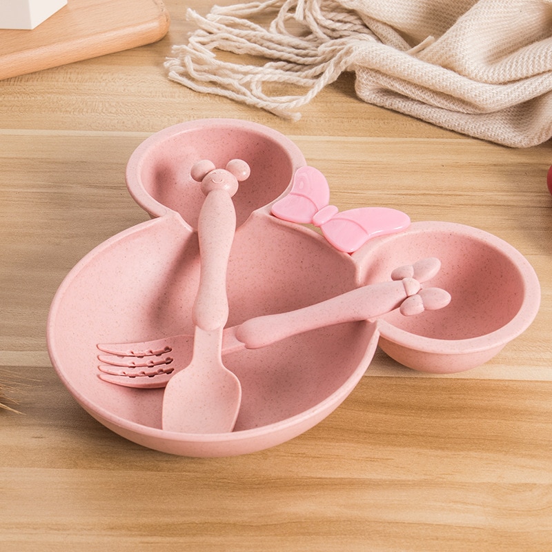 3pcs Wheat Straw Baby Cartoon Tableware Set Children's Dishes Kids Dinner Platos Baby Feeding Plate Training Bowl Spoon For