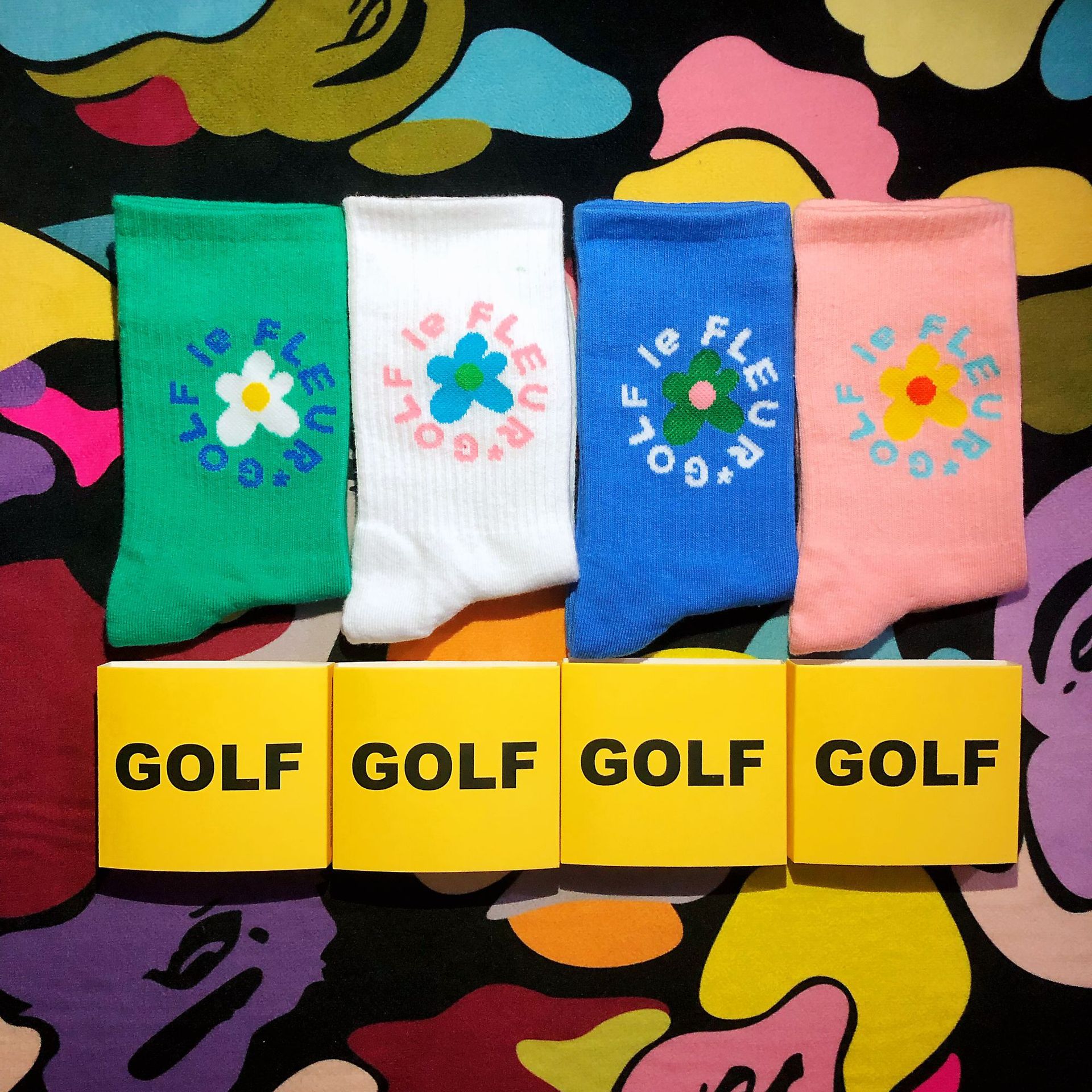 1 Pair Adult Mid Calf Crew Golf Flower Socks Circling around Feet High 2021 New Fashion Street Comfort Foot Elastic Cotton