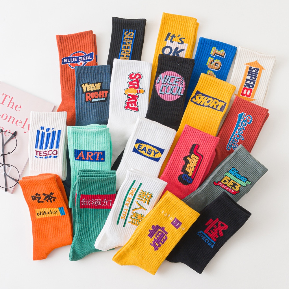 Korean style fashion Harajuku street hip hop socks unisex fun men's socks happy skateboard Chinese character letter women s