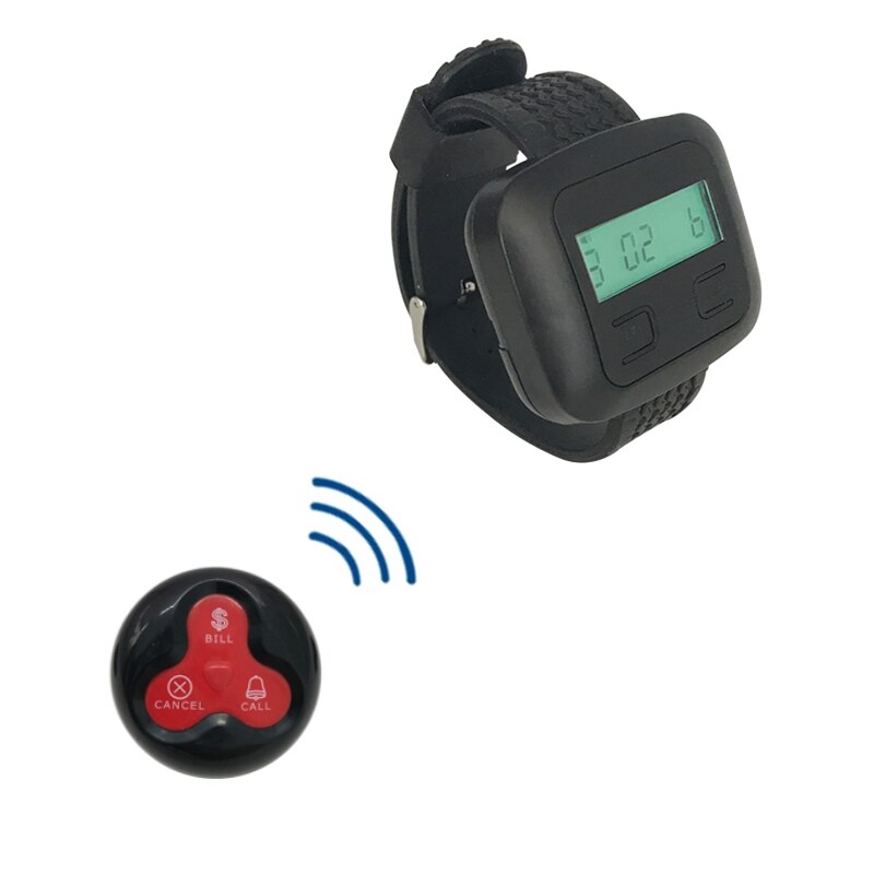 Wireless Paging System 1 Wrist Black Watch Receiver + 1 Call Button Pager Frequency 433MHz For Restaurant