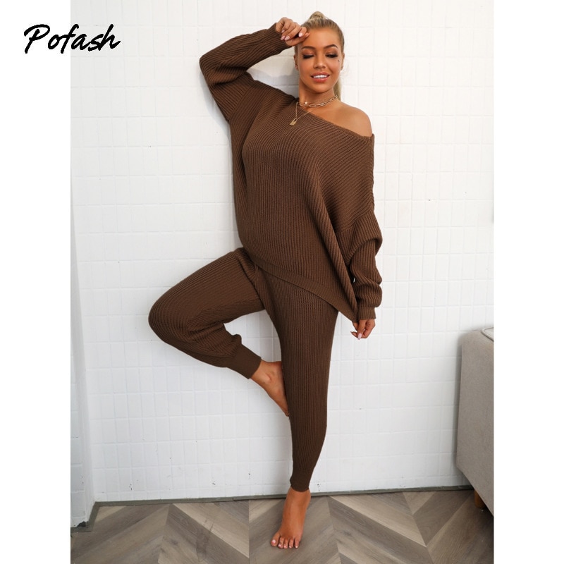 Pofash Off Shoulder Knitted Autumn Winter Two Pieces Outfits Women Sweater Long Sleeves Loose Tops And Pants Casual 2 Pieces Set