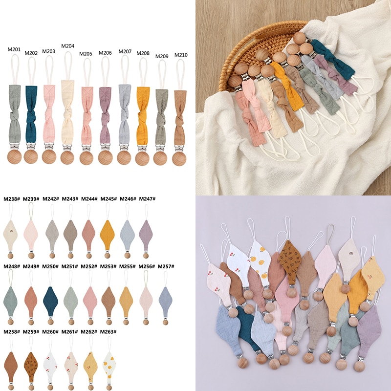 1pc Cotton Baby Pacifier Clip Chain Beech Wood Pacifier Clip Solid Color Soother Holder Infant Teething Chain