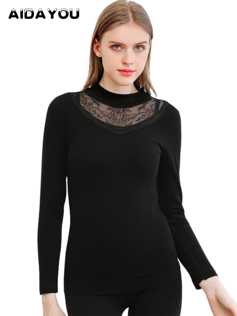 Women Thermal Lace Underwear Tops Fashion & Sexy Fleece Lined Cotton Long Sleeve O-Neck ouc682