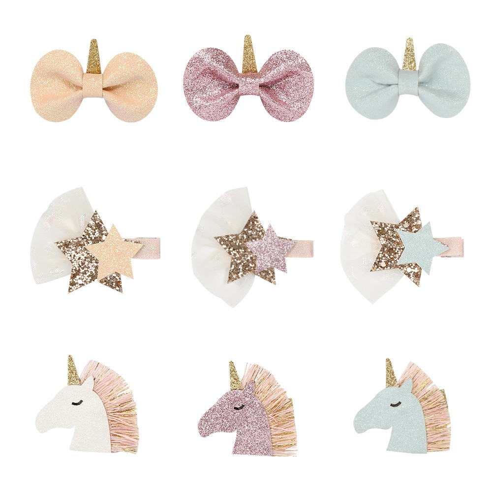 Yundfly 1 PCS Cute Baby Girls Tulle Star Hairpin Children Unicorn Hair Clip Toddler Princess Sequin Bows Barrettes Unicorn Party