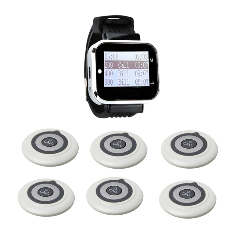 Restaurant Waiter Calling System 1 Watch Receiver + 6 Buttons Pager Transmitter for Church Cafe Office Bar