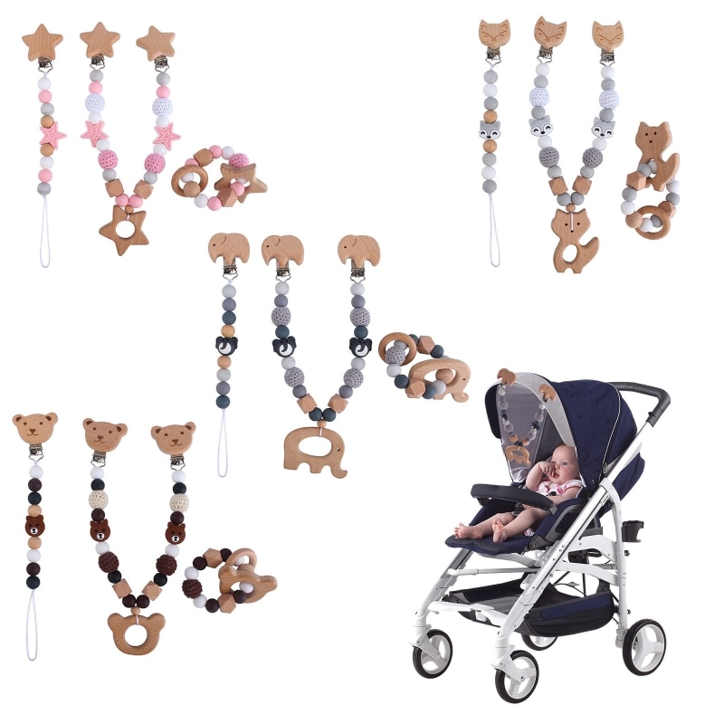 3Pcs/Set Baby Stroller Hanging Clip Pendant Mobile Rattle Dummy Holder Pacifier Chain Wooden Ring Bracelet Teether Toy