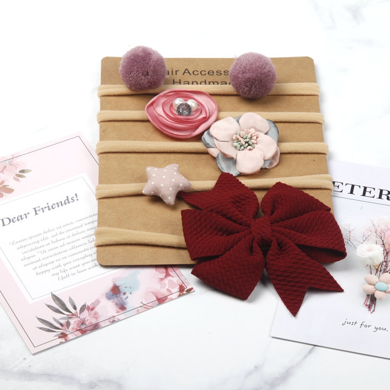 Cute 5pcs/lot Chiffon Bows Baby Khaki Nylon Headbands Sets Flower Round Ball Star Elastic Girls Newborn Headwear Photo Props