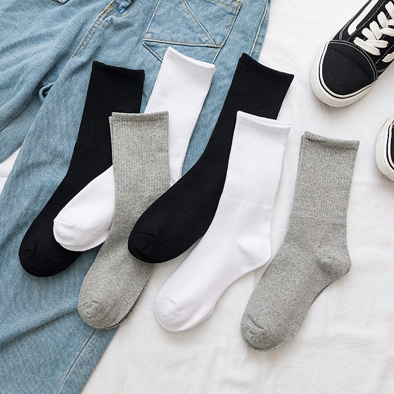 3 Pairs Solid Color Cotton Tube Socks Women Set Ins Tide Street Wear All-Match Black White Sports Long Socks Girls Pop Socket