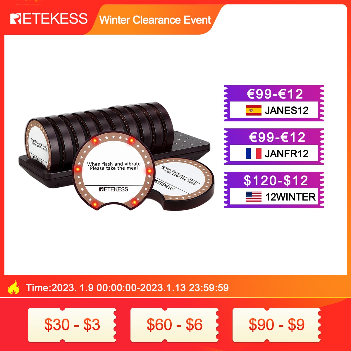 RETEKESS TD162 Wireless Restaurant Calling System Vibrator Coaster Buzzers Guest Queuing for Food Trucks Cafes Bars Clinics