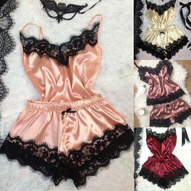 2 PCS Womens Lace Silk Sleepwear Sissy Sexy Babydoll Nightdress Lingerie Pajamas sling silky comfortable pajamas sleep pants