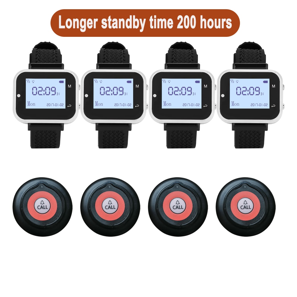 Wireless Waiter Call System 4 Wristwatch Receiver +4 Buttons Transmitters For Hookah Office Restaurant Full Table Service