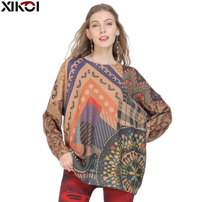 XIKOI Winter Oversized Sweater For Women Warm Long Pullover Dresses Fashion Roman Style Print Jumper Knitted Sweater Pull Femme