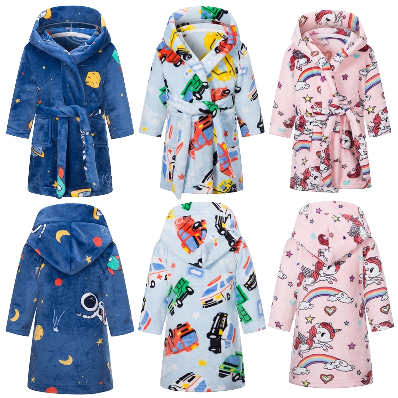 2020 New Unicorn Hooded Pajamas Children's Flannel Bathrobe Baby Bathrobe Astronaut Boys And Girls Robe Children's Paj