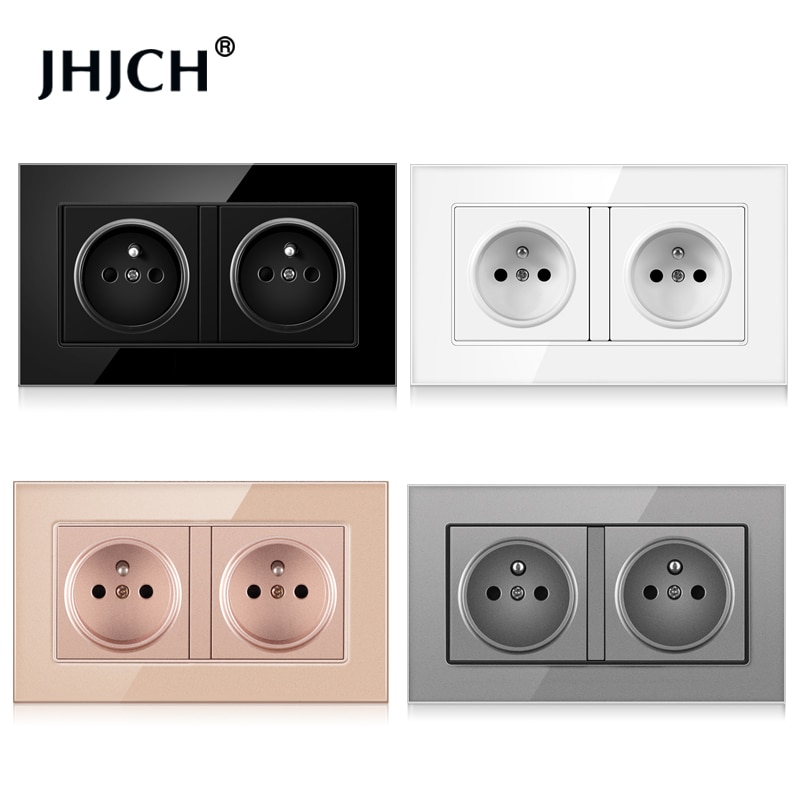 JHJCH-enchufe de pared de doble marco de Francia, panel de cristal blanco/negro de 16A y 220V, 146mm x 86mm, toma de corriente d