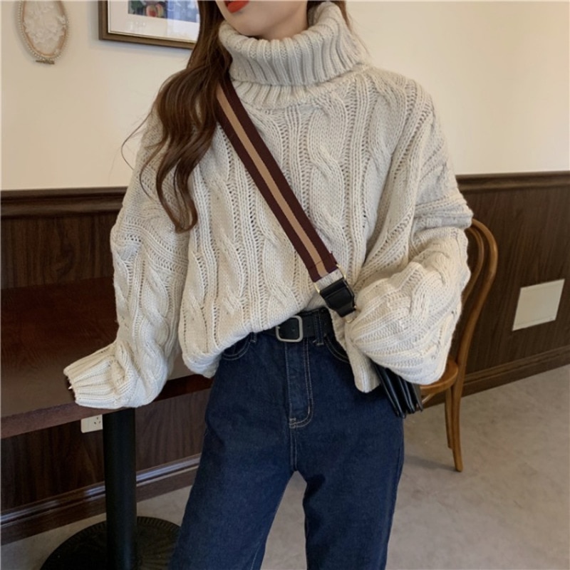 Short Sweater Women's Pullover Loose Fall / Winter New Harajuku Style Twist Korean Versatile High Collar Top Wn*