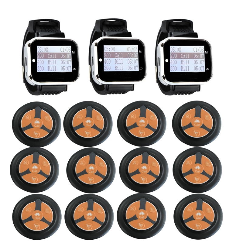 Wireless Pager System for Restaurent 3 Watch Receiver + 12 Ultrathin 4 Keys Buttons Transmitter Waiter Call