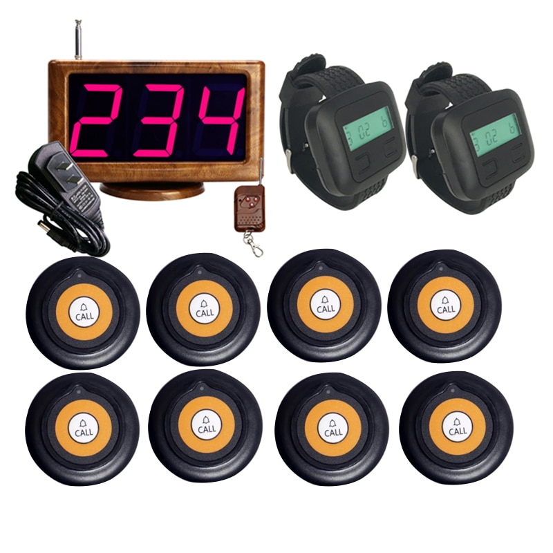 Wireless Calling System 1 Host LED Display Receiver + 8 Buttons Transmitter +2 Wrist Watches Waiter for Restaurant Equipments