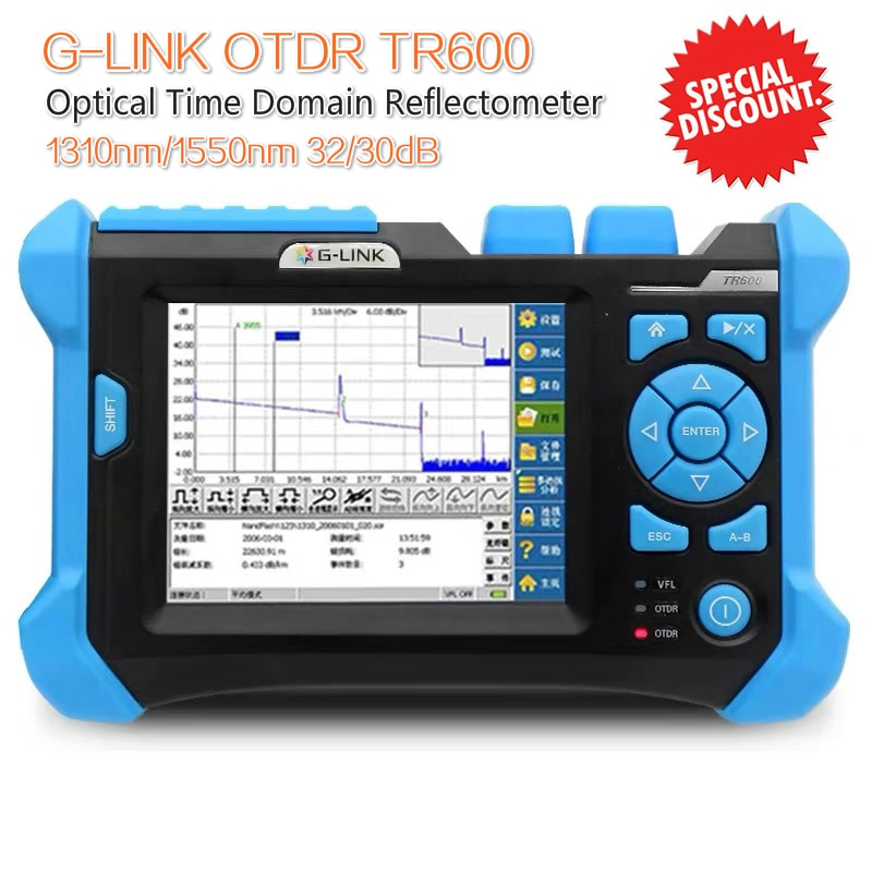 G-LINK OTDR TR600 SingleMode SM Optical Time Domain Reflectometer 1310/1550nm 32/30dB VFL with FC,SC,LC UPC Connectors