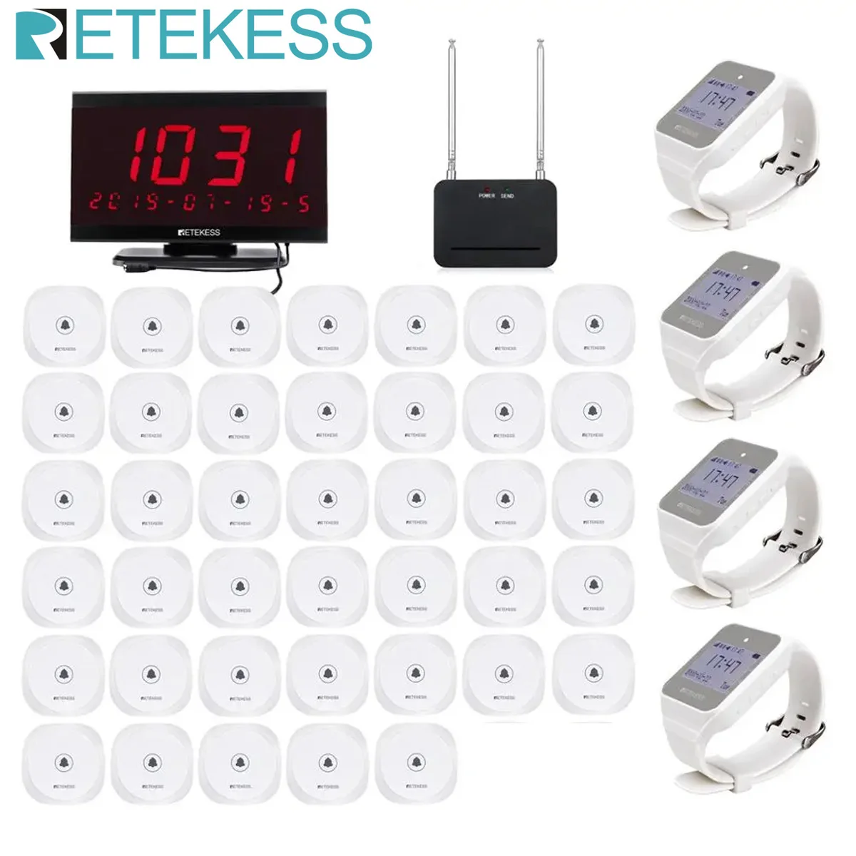 Retekess Wireless Waiter Restaurant Pager 40 TD017 Call Button+4 TD108 Watch Receiver+Receiver Host+Signal Amplifier Repeater