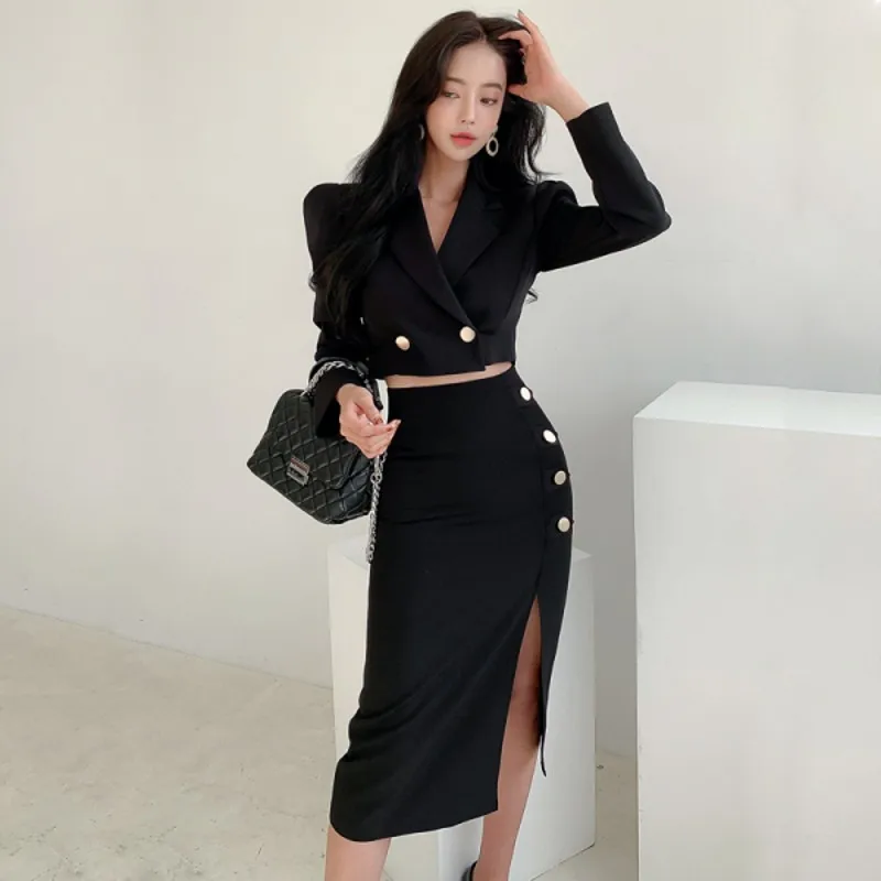 Spring Autumn Women Korea Two Piece Set Puff Sleeve Notched Collar Double Breasted Tops + High Waist Split Sheath Skirts Suit