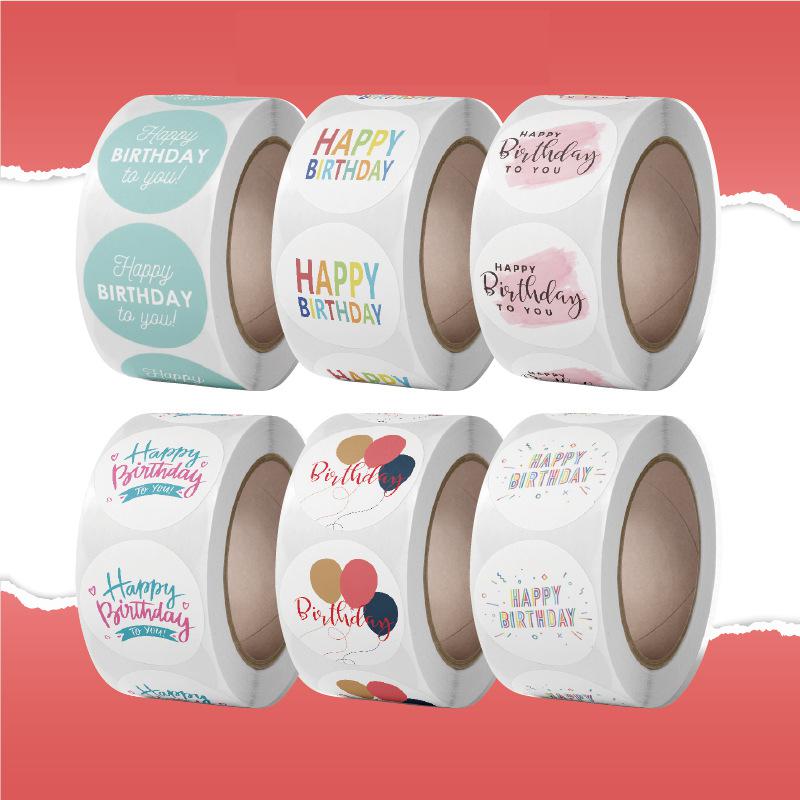 Round Happy Birthday Stickers 500pcs Paper Adhesive Labels for Festival, Baby Shower, Party Decorative, Envelope Seal, Gift Wrap