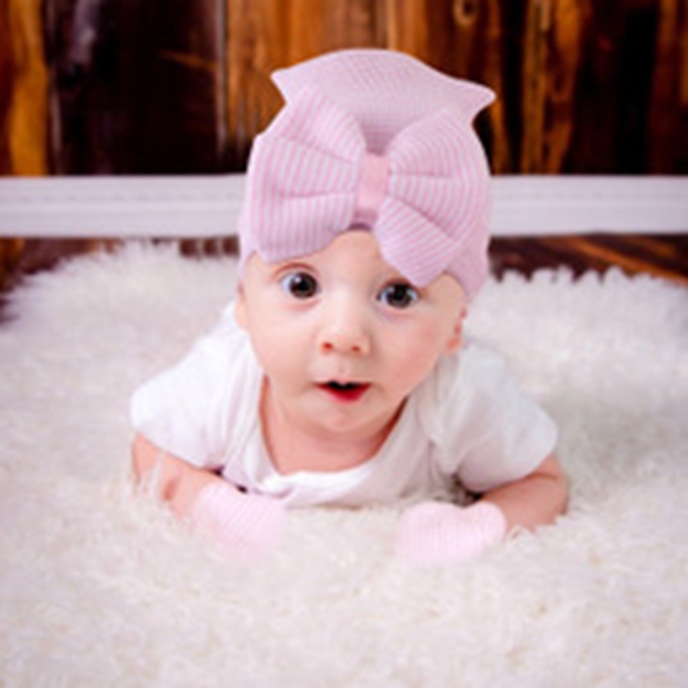 Fashion Infant Soft Striped Hat Toddler Elastic Cotton with Bowknot Cap Winter Boys Girl Bonnet Christmas Gift Birthday Headwear