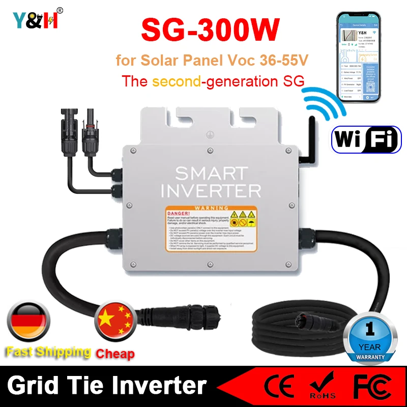 300W Solar Grid Tie Micro Inverter MPPT Waterproof Inversor DC30-60V PV Input AC220V Pure Sine Wave Output for 30V 36V PV Panel