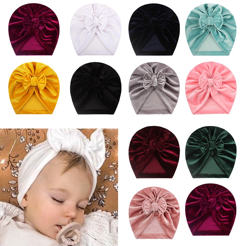 Baby Headwear Solid Golden Velvet Headband Soft Bowknot Turban Hair Bands For Children Girls Elastic Headwrap Baby Turban