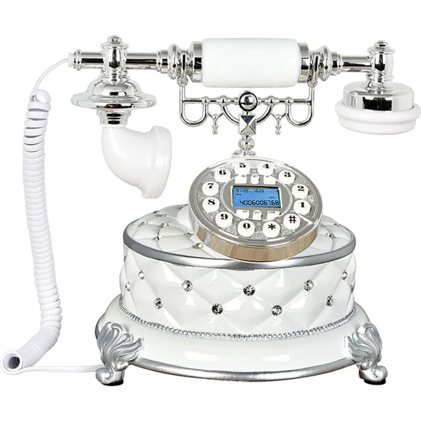 Retro Landline Roating Dialing FSK and DTMF Caller ID Silver Plated Backlight Telephone with Holder for Home Decoration
