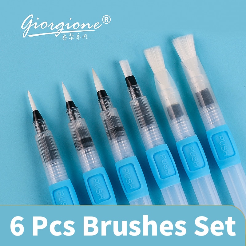 6 Pcs Soft Nylon Hair Self-Moisturizing Water Ink Storage Brush Pen Set for Calligraphy Watercolor Painting Drawing Art Supplies