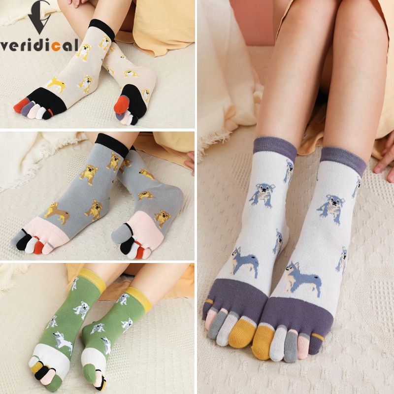 Cute Short Five Finger Socks Woman Girl Pure Cotton Dog Fashion Colorful Harajuku Happy Socks With Toes Novelty EU 36-39