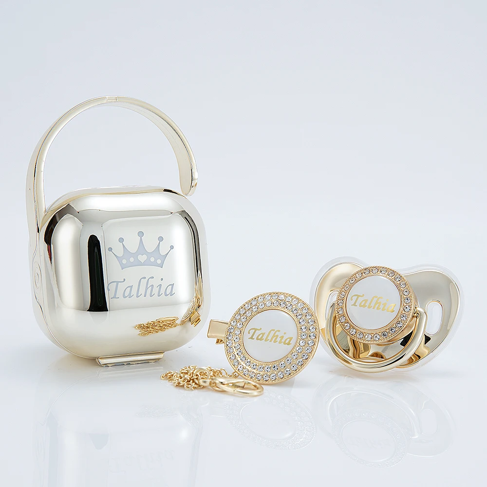 MIYOCAR personalized any name gold bling pacifier and clip pacifier box set BPA free dummy Luxury