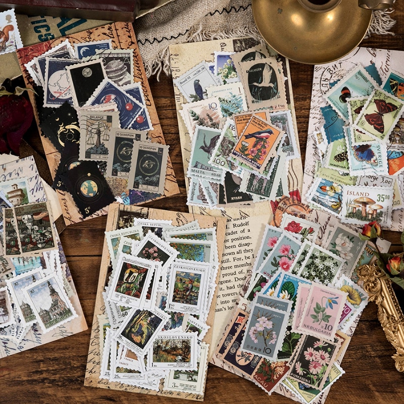 46 Pcs Vintage Postmark Sticker Retro Building Butterfly Plant Decor Labels For Art Project Scrapbooking Journal Planner Diary