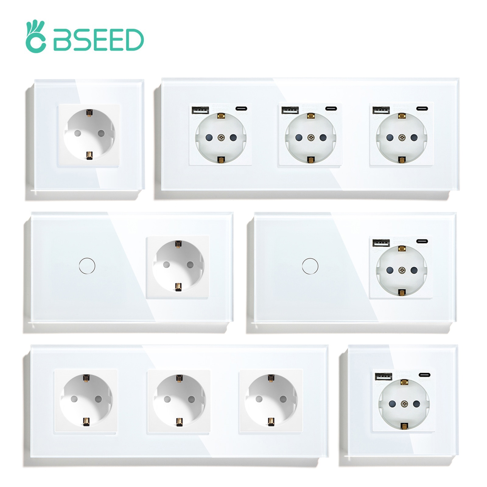 BSEED Touch Light Switch With EU Power Wall Sockets White Wall Led Switches 1/2/3Gang 1Way Crystal Glass Panel Dark Backlight